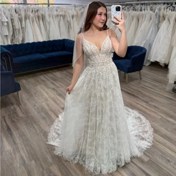 Nora Spencer Signature Lace A-Line Wedding Dress with Plunging V-Neck - Picture 3 of 4